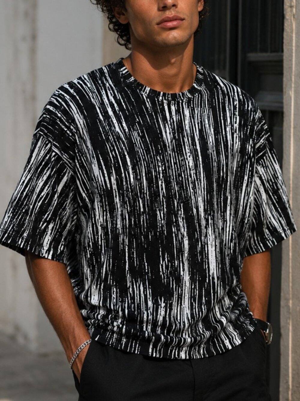 Kenzo Black White Abstract Stripe Knit Tee Size S